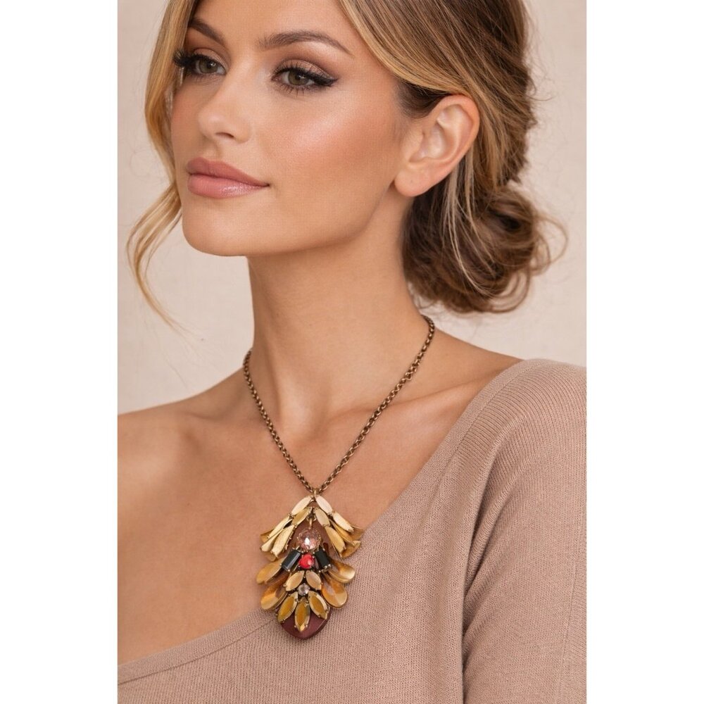 J.Crew Statement Pendant Necklace Gold Tone Rhinestone Art Deco Boho Revival